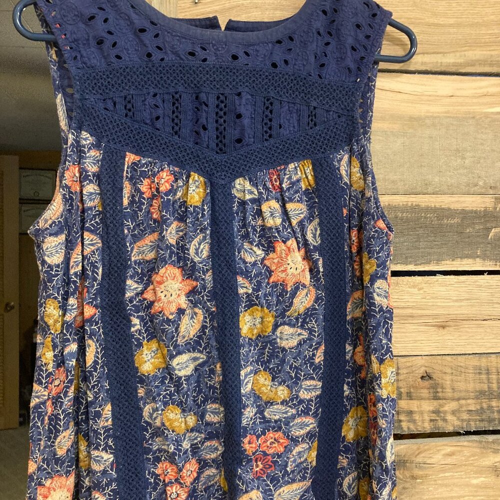 Lucky Brand sleeveless blue shirt with yellow and orange flowers